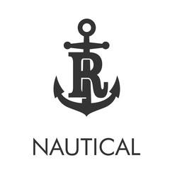 Logotipo abstracto con texto NAUTICAL con letra R en ancla en color gris