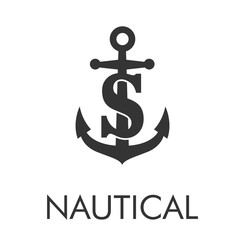 Logotipo abstracto con texto NAUTICAL con letra S en ancla en color gris