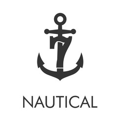 Logotipo abstracto con texto NAUTICAL con número 7 en ancla en color gris