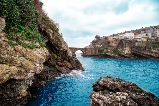 Amasra landscape with sea and stone bridge- Amasra is a small sea resort town in Bartin - Blacksea Region / Turkey 