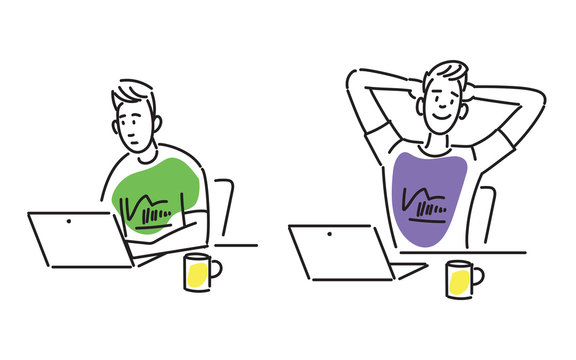 Hand drawing illustration of two men. One is working on laptop. The other is having a rest, coffee break.
