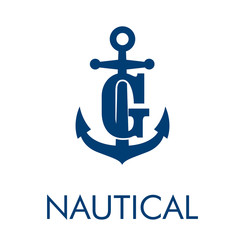 Logotipo abstracto con texto NAUTICAL con letra G en ancla en color azul