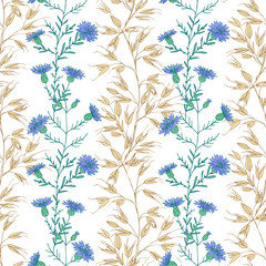 Abstract floral seamless pattern hand drawing on white background. Garlands blue cornflowers and oat. Romantic garland for fabric, wrapping, web. Vector illustration