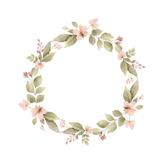 Watercolor vector wreath with leaves and branches isolated on white background.