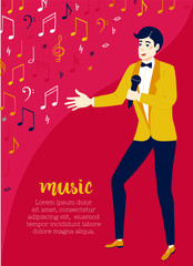 Showman or singer with a microphone. Event Management and Party Organization. Poster design template