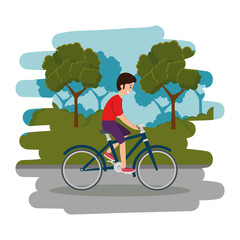 Naklejka premium happy athletic boy ride bike on the park