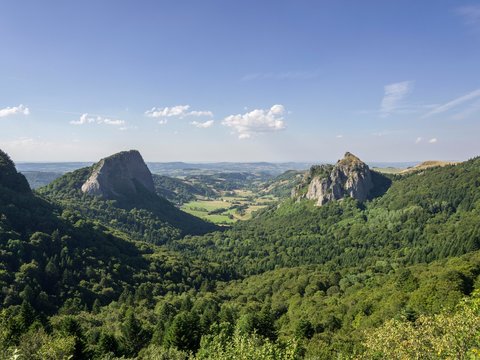 View of Tuiliere and Sanadoire rocks, Orcival, Auvergne, France, Europe