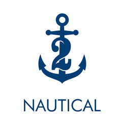 Logotipo abstracto con texto NAUTICAL con número 2 en ancla en color azul
