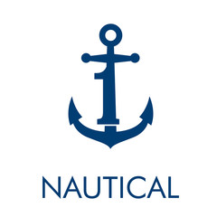 Logotipo abstracto con texto NAUTICAL con número 1 en ancla en color azul