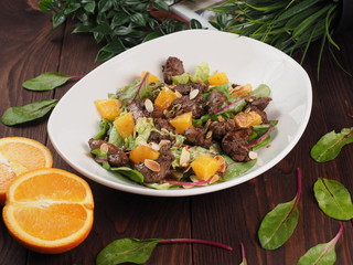 Fried meat with orange sauce on a white plate