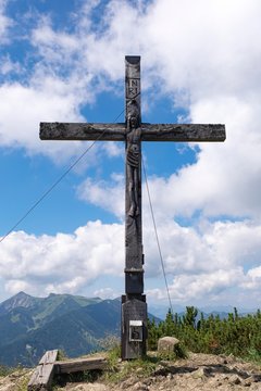 Summit cross of Hochplatte in Marquartstein, Chiemgau Alps, Chiemgau, Upper Bavaria, Bavaria, Germany, Europe