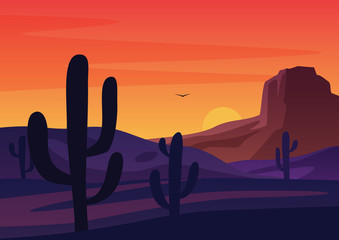 Silhouettes of cactuses growing in dry desert against bright sunset sundown sky cartoon vector illustration.