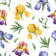 watercolor seamless pattern with purple, yellow and blue iris flower and green leaves