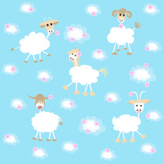 Baby seamless pattern. A sheep, a horse, a lamb, a goat and an ox fly in the clouds. Vector illustration with pets for placement on paper, wallpaper, fabric, glass.