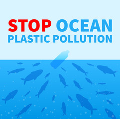 Stop ocean plastic pollution. Promo poster with fish and plastic bottle.