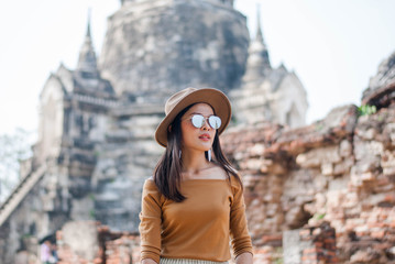 Beautiful woman who is on holiday in Ayutthaya, Thailand