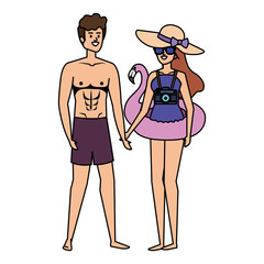 young couple with swimsuit and flemish float