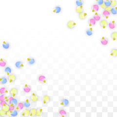 Vector Realistic Colorful Petals Falling on Transparent Background.  Spring Romantic Flowers Illustration. Flying Petals. Sakura Spa Design. Blossom Confetti. Design Elements for Wedding Decoration.