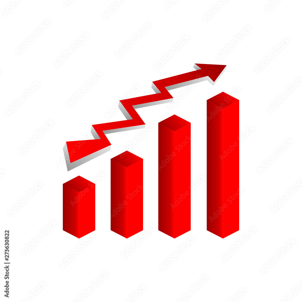 Poster Red vector growth graph icon with arrow move up. Vector graphic illustration of column chart.