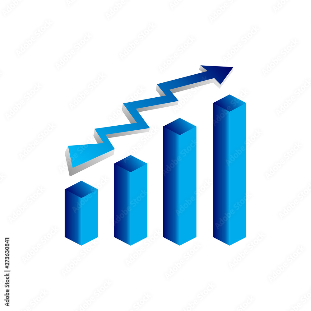 Poster blue vector growth graph icon with arrow move up. vector graphic illustration of column chart.