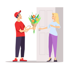 Flower shop delivery guy flat vector illustration