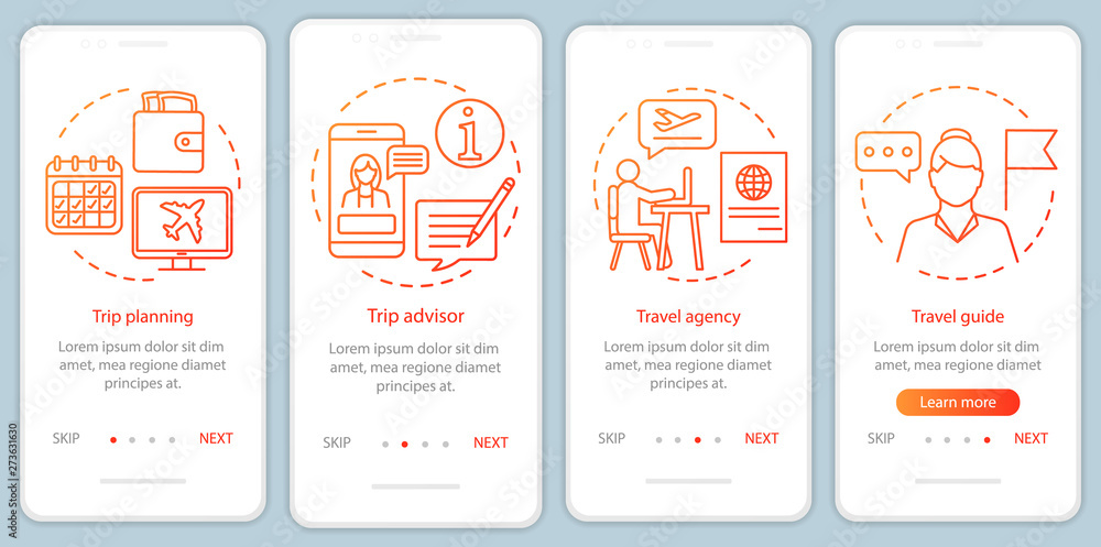 Wall mural traveling onboarding mobile app page screen with linear concepts