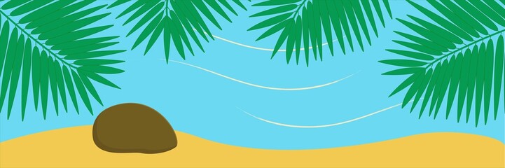 It s summer time background with palm trees and beach elements. Illustration of It s summer time background with palm trees and beach elements. Summer beach. Tropical panoramic Landscape.