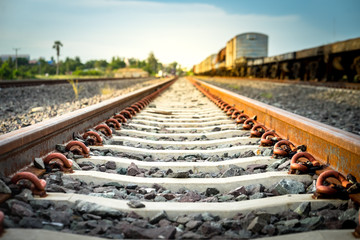 Fototapeta na wymiar Train railroad or tracking, Rusty metal route line, Long way destination. Selected focu