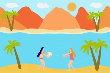 sandy beach, palm trees on the background of the mountains, the ocean or the sea and sand, summer , free space for text, vector illustration, girls on the beach play ball, outdoor activities