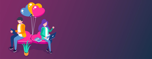 Young girl and a guy chatting sitting on a heart. Use portable devices for dating on the Internet or social networks. Vector isometric 3d illustration.