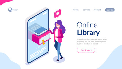 Online library concept. Books in your phone or tablet. Young girl love to read. Can use for web banner, infographics, hero images. Vector isometric 3d illustration.