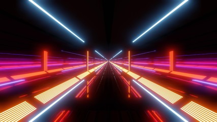 multi color light tunnel with red and blue lights and reflections - obrazy, fototapety, plakaty