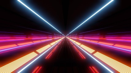 multi color light tunnel with red and blue lights and reflections