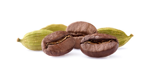 Coffee beans with cardamon isolated on white background