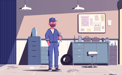 Car repair shop. Cartoon vector illustration. Garage indoor. Mechanic character design