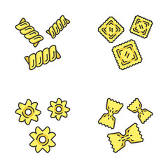 Pasta noodles types color icons set