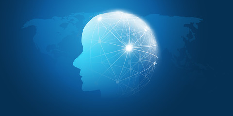 Machine Learning, Artificial Intelligence, Cloud Computing, Networks, Digital Connections Design Concept with Geometric Network Mesh and Human or Robot Head 