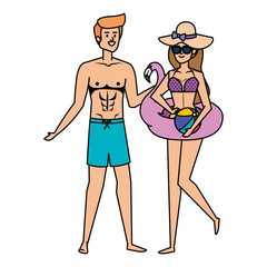 young couple with swimsuit and flemish float