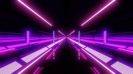 multi color light tunnel with purple lights and reflections