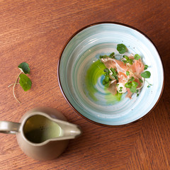 Pea gaspacho with ham and herbs