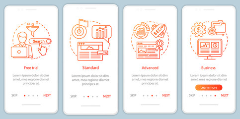 SEO keyword tool subscription onboarding mobile app page screen with linear concepts