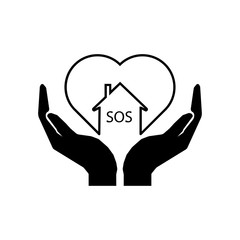 Take care of the house sign. Hands heart and house with the sign SOS sign.
