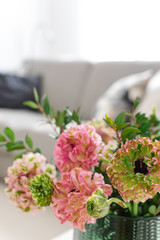Bouquet of beautiful pink and green ranunculus flowers