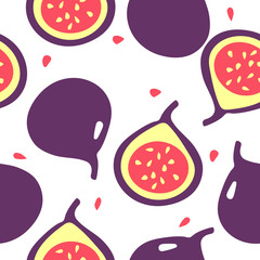 Seamless pattern with figs - one whole and one cut. Summer tropic fruits. Vector flat illustation