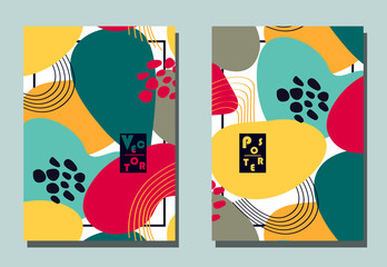 Cover with graphic elements - abstract shapes. Two modern vector flyers in avant-garde collage style. Geometric wallpaper for business brochure, cover design.