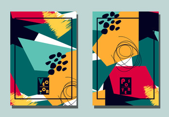 Cover with graphic elements - abstract shapes. Two modern vector flyers in avant-garde collage style. Geometric wallpaper for business brochure, cover design.
