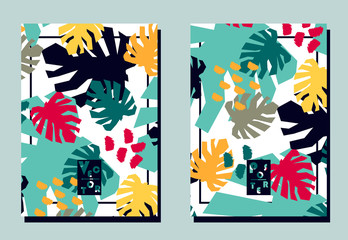 Cover with monstera  leaves. Yellow, orange, blue, pink, turquoise colors. Two floral vector templates of flyers. A4 format. Perfect for cover design, brochure, posters.