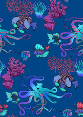 Fototapeta na wymiar Pattern of fantastic fishes and sea voyages. Vector illustration. Suitable for fabric, wrapping paper and the like