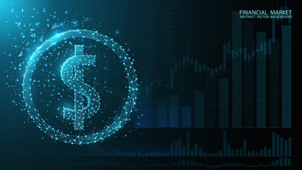 Digital dollar icon. Currency American dollar. Exchange. Charts currency quotes. Low poly image. Dark blue futuristic background. Glow effects, flickering particles, dust. Online banking, financial co