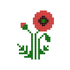 8 bit pixel mosaic floral poppy. Vector graphic flowers.
